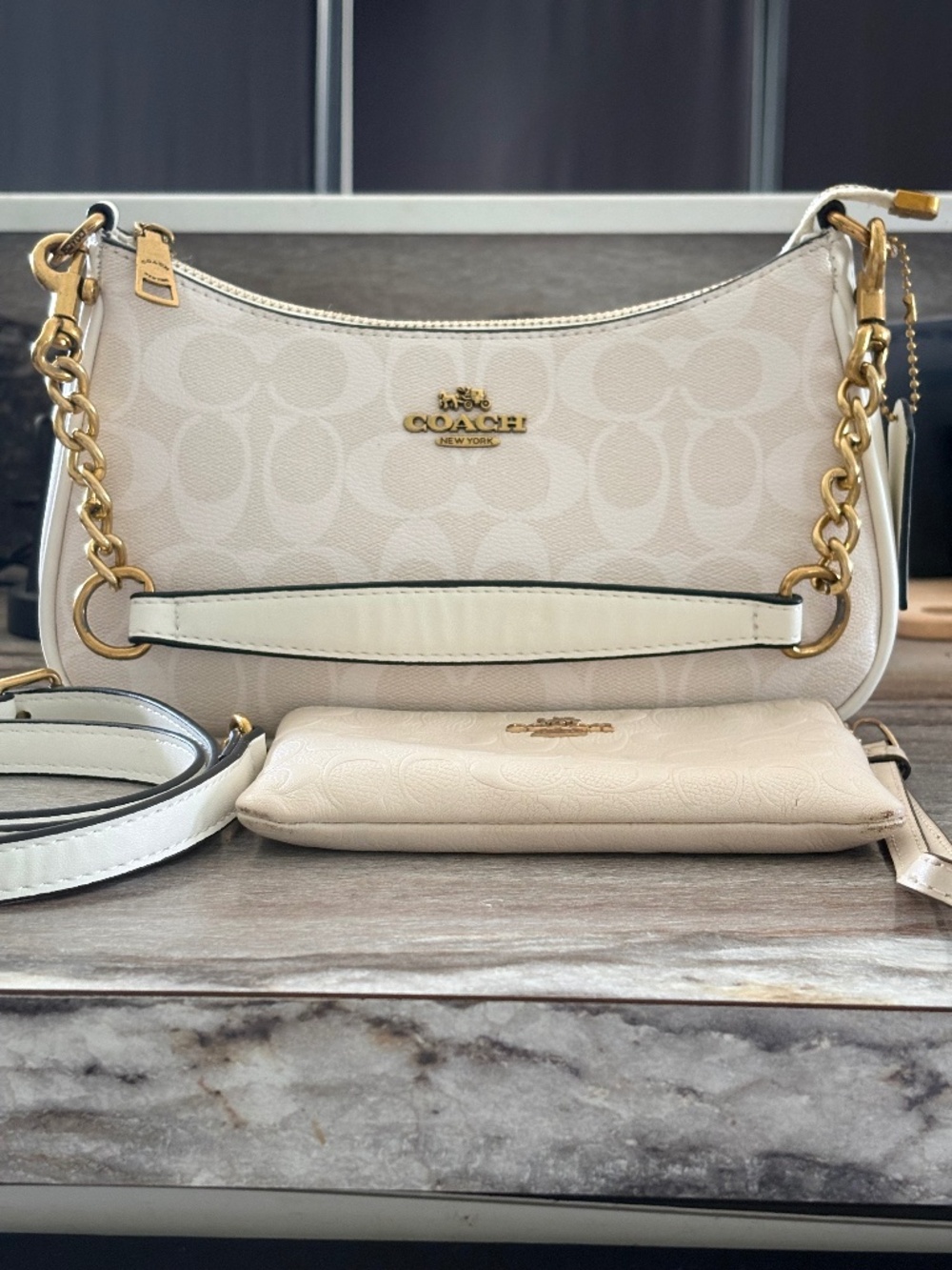 Unbranded White and Cream Pebbled Purse with Gold chain and Coach Wristlet